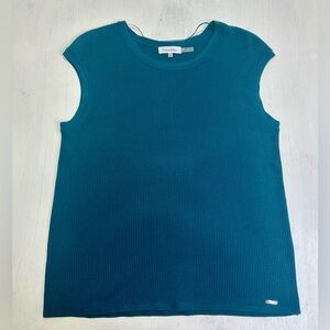 Calvin Klein XL Teal Ribbed Sweater Top Cap Sleeve Knit Shell Logo Accent